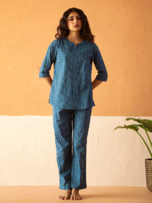 Blue Round Neck Pure Cotton Striped Printed Night Suit for Women