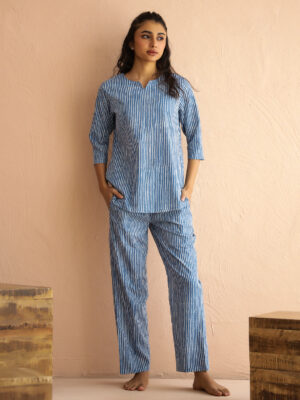 Blue Round Neck Pure Cotton Printed Striped Night Suit for Women