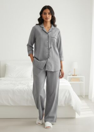 Grey Striped Lapel Collar Pure Cotton Night Suit For Women
