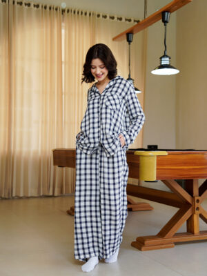 Blue Checked Lapel Collar Pure Cotton Night Suit For Women