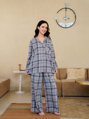 Grey Checked V-Neck Pure Cotton Night Suit For Women