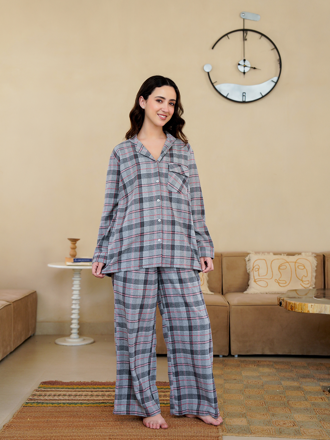 Grey Checked V-Neck Pure Cotton Night Suit For Women