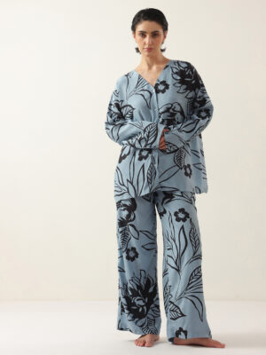 Blue Color V-Neck Floral Print Cotton Night Suit For Women