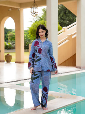 Blue Checked Lapel Collar Pure Cotton Night Suit For Women