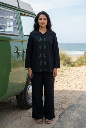Black Colourblocked Shirt Collar Pure Cotton Night Suit For Women