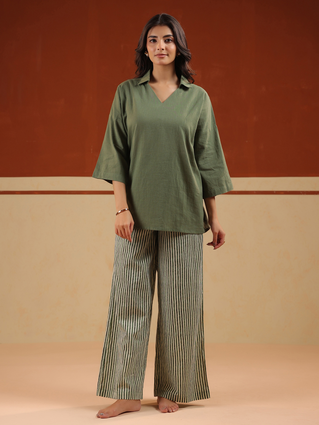 Olive Striped V-Neck Pure Cotton Night Suit For Women