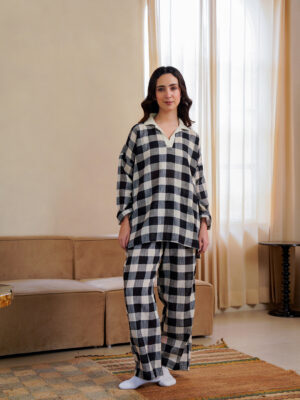 Black Checked Shirt Collar Pure Cotton Night Suit For Women