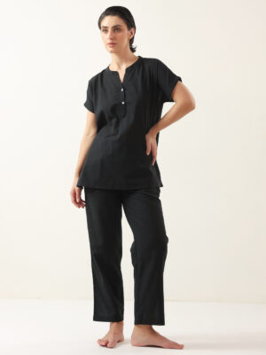 Black Solid Cotton V-Neck Night Suit For Women