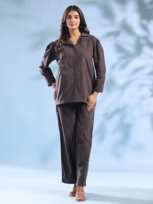 Grey Solid Lapel Collar Cotton Blend Night Suit For Women