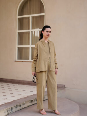 Beige Solid Mandarin Collar Cotton Blend Night Suit For Women