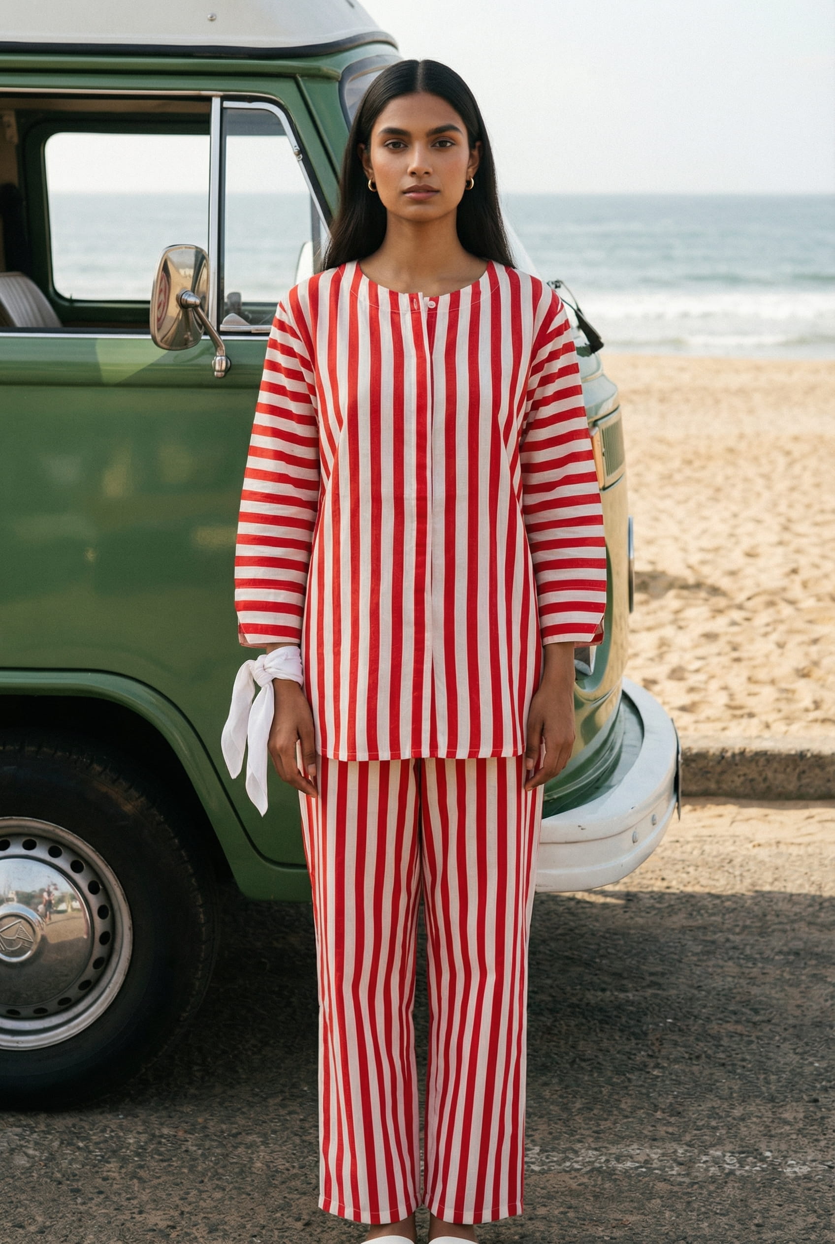 Red Striped Round Neck Pure Cotton Night Suit For Women