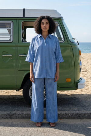 Blue Striped Shirt Collar Pure Cotton Night Suit For Women