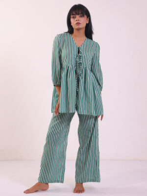 Green Striped V-Neck Pure Cotton Night Suit For Women