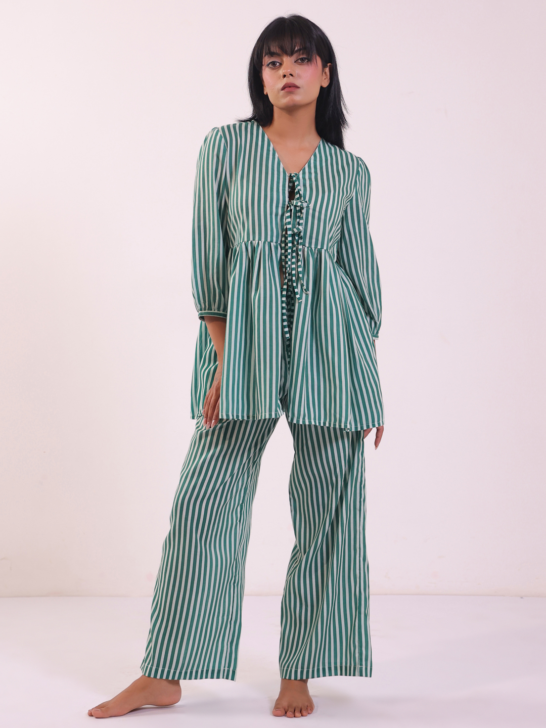 Green Striped V-Neck Pure Cotton Night Suit For Women