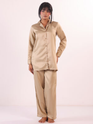 Beige Solid Lapel Collar Pure Silk Night Suit For Women