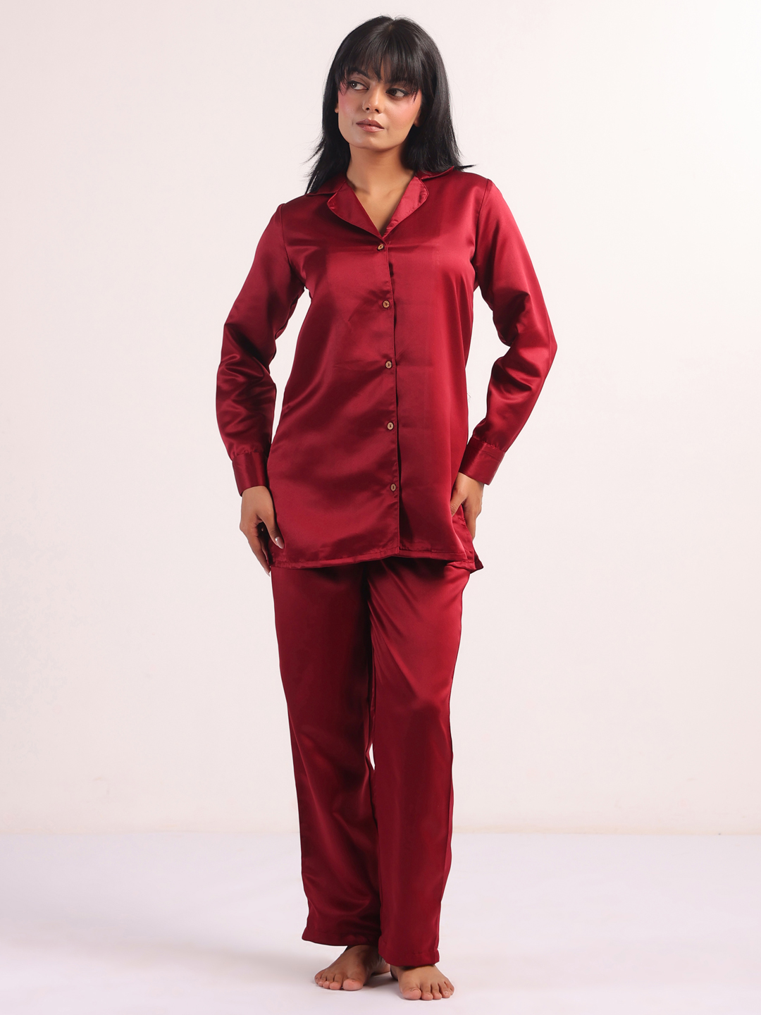 Maroon Solid Lapel Collar Pure Silk Night Suit For Women