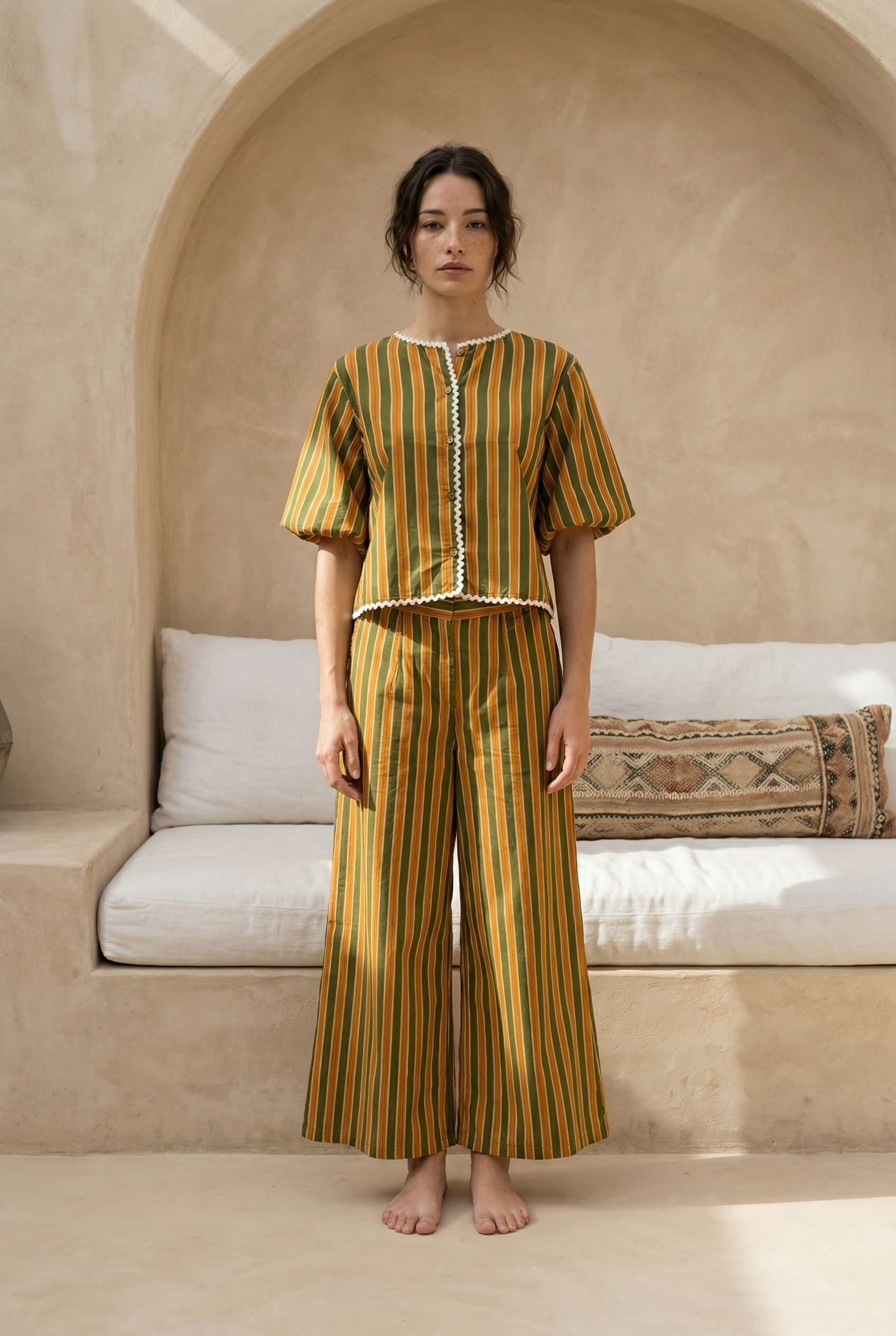 Mustard Striped Round Neck Pure Cotton Night Suit For Women