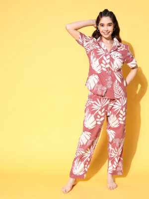 Black Floral Print Shirt Collar Cotton Night Suit Set For Women