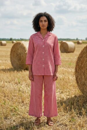 Pink Checked Shirt Collar Pure Cotton Night Suit For Women