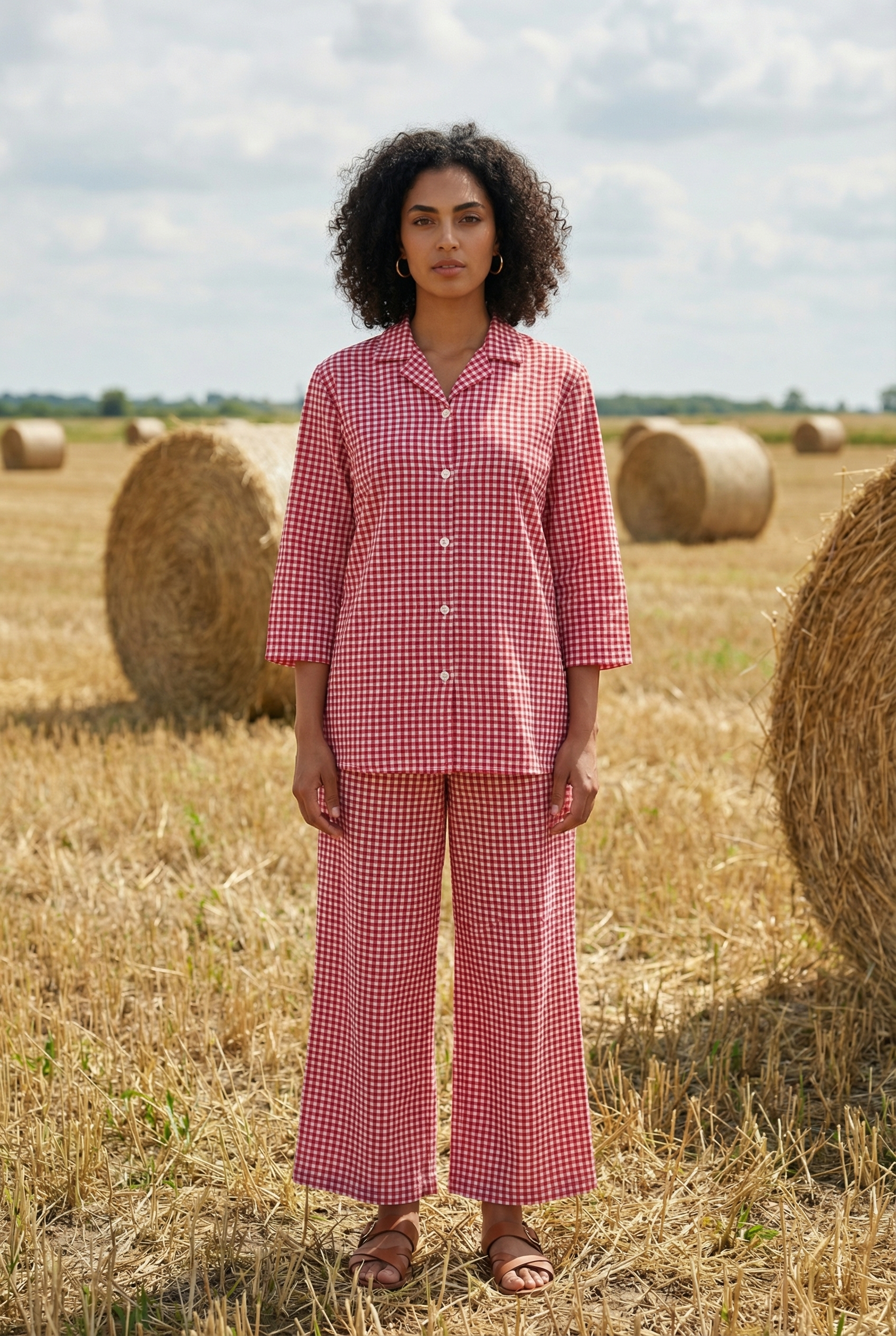 Pink Checked Shirt Collar Pure Cotton Night Suit For Women