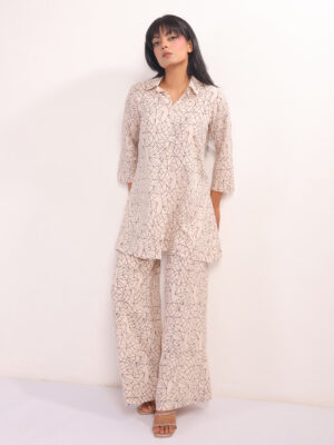 Cream Geometric Shirt Collar Viscose Rayon Night Suit For Women