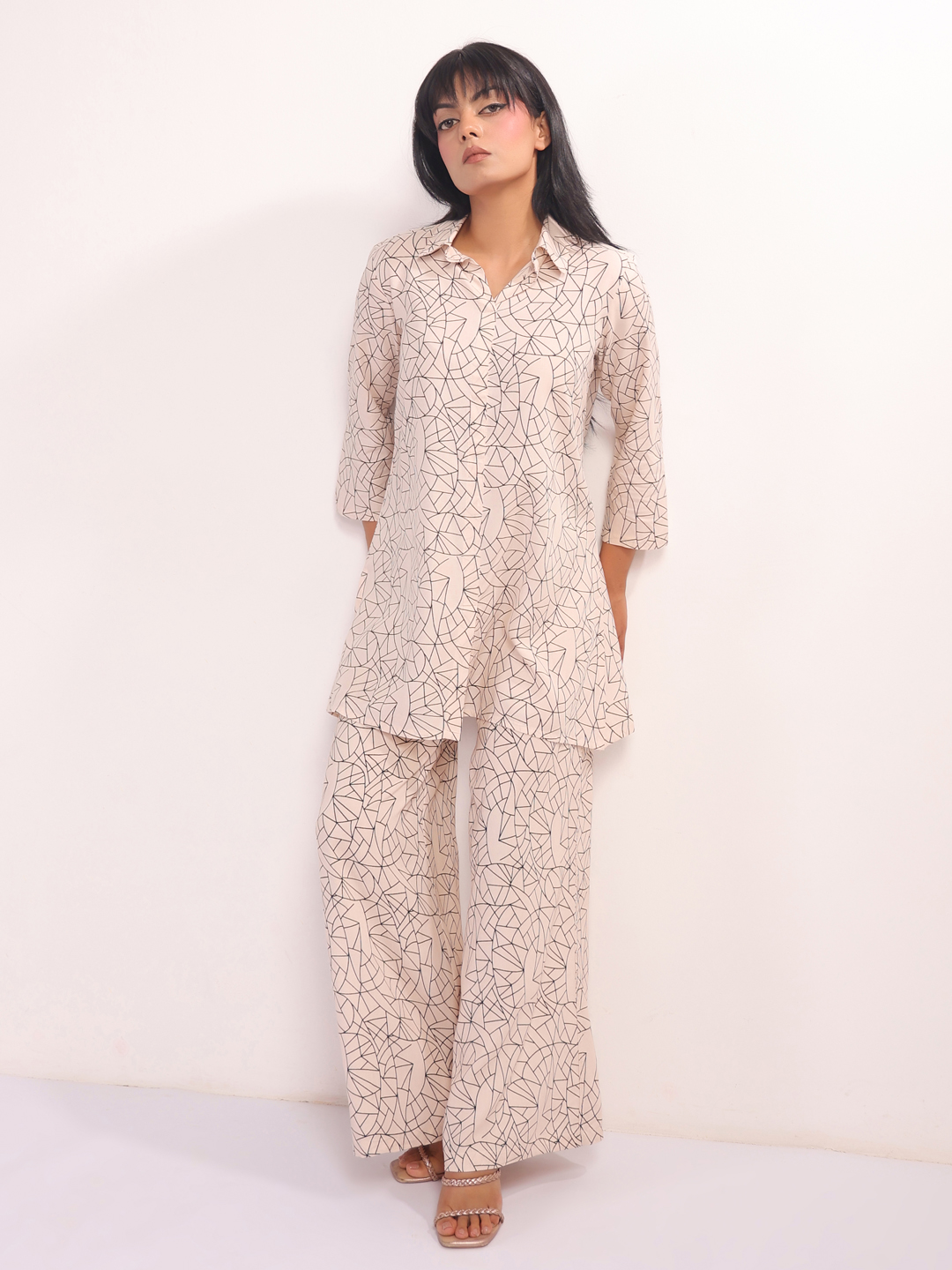 Cream Geometric Shirt Collar Viscose Rayon Night Suit For Women