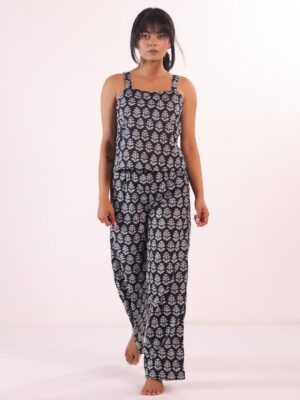 Black Floral Square Neck Pure Cotton Night Suit For Women
