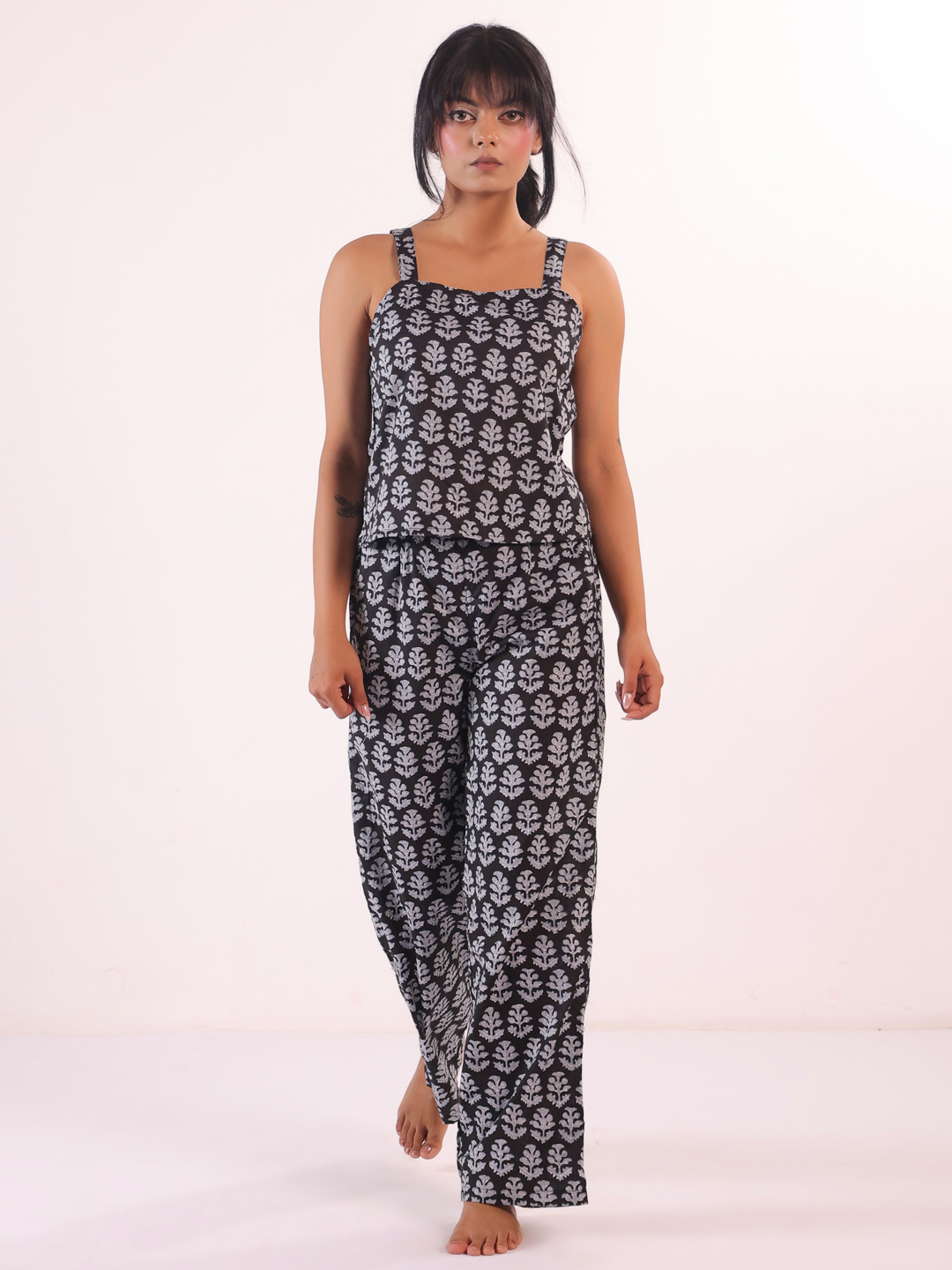 Black Floral Square Neck Pure Cotton Night Suit For Women