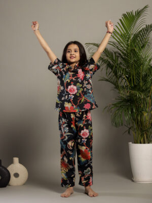 Black Multicolor Floral Printed Night Suit For Kids