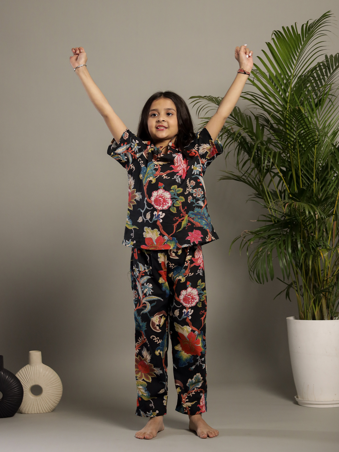 Black Multicolor Floral Printed Night Suit For Kids
