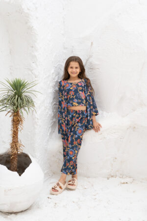 Navy Blue Round Neck Floral Print Pure Cotton Night Suit Set For Women