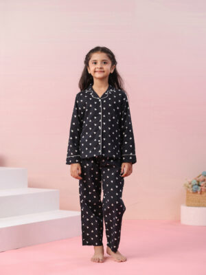 Black Heart Printed Cotton Night Suit For Kids