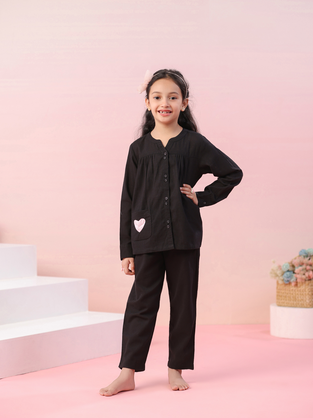 Black Round Neck Cotton Night Suit For Kids