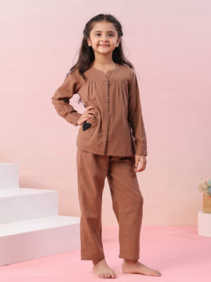 Brown Color Solid Cotton Kids Night Suit