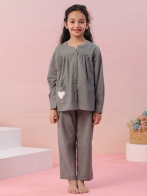 Grey Color Solid Cotton Kids Night Suit
