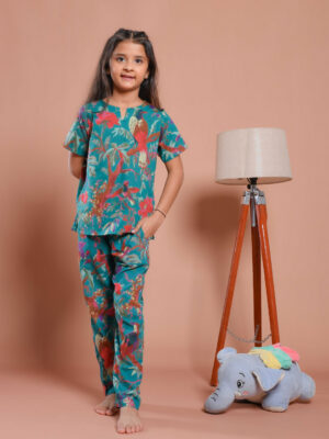 Blue Floral Printed Round Neck Kids Night Suit