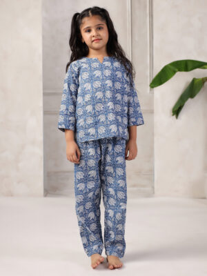 Blue Floral Printed Night Suit Set for Kids