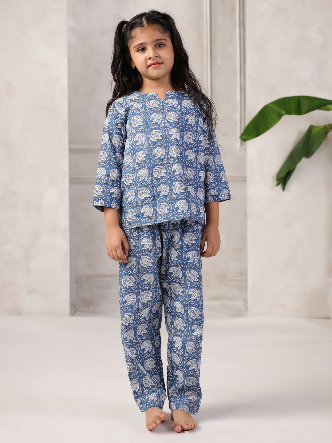 Blue Floral Printed Night Suit Set for Kids