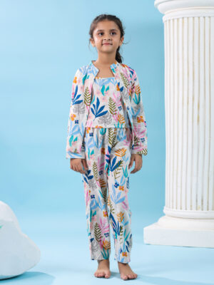 White Mandarin Collar Pure Cotton Floral Printed Night Suit Set For Kids