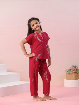 Red Sparrow Bird Printed Cotton Kids Night Suit