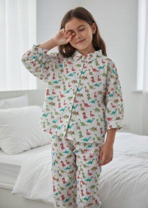 White Abstract Printed Pure Cotton Shirt Collar Night Suit For Kids