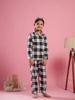 Black Shirt Collar Checked Printed Night Suit for Kids