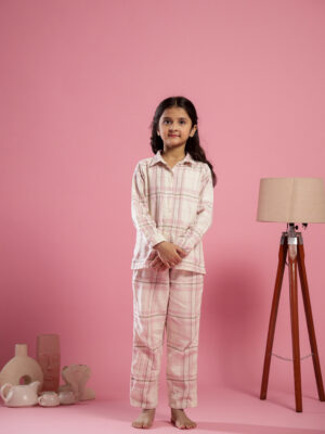 Pink Checked Printed Cotton Night Suit for Kids