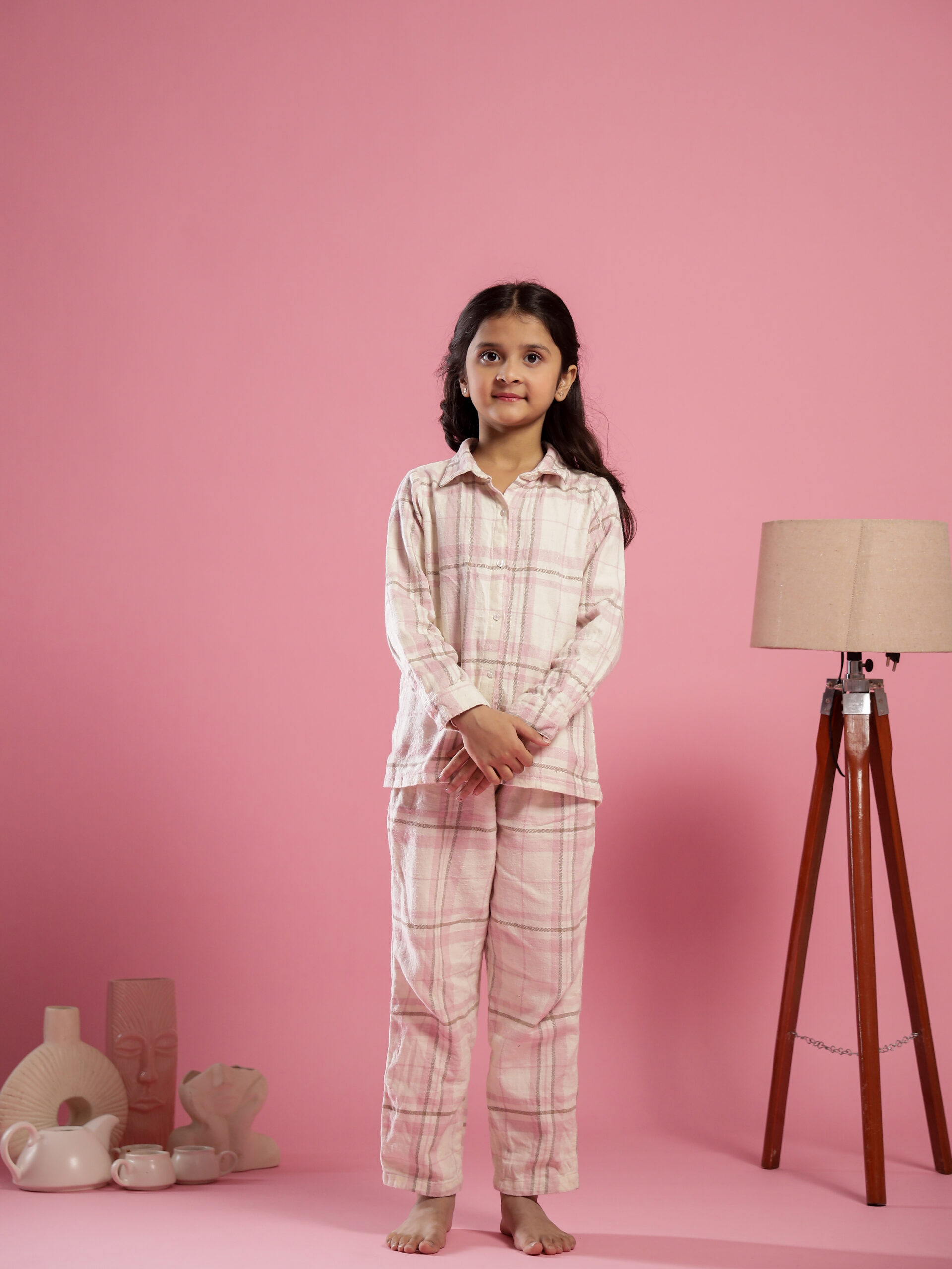 Pink Checked Printed Cotton Night Suit for Kids