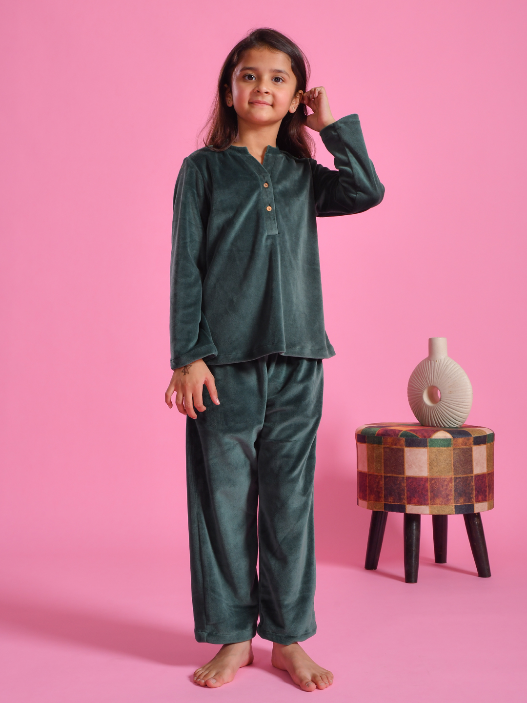 Green Velvet Round Neck Night Suit For Kids