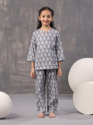 Grey Mandarin Collar Floral Print Cotton Kids Night Suit