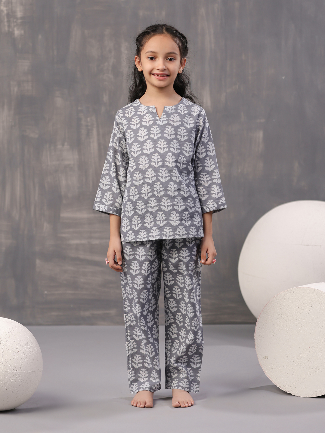 Grey Mandarin Collar Floral Print Cotton Kids Night Suit
