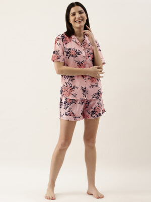 Pink Floral Print Shirt Collar Pure Cotton Night Suit Set for Women