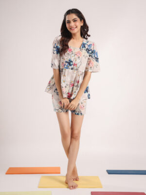Pink Round Neck Conversational Pure Cotton Night Suit For Women