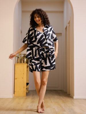 Black Cotton Printed Night Suit Set For Women